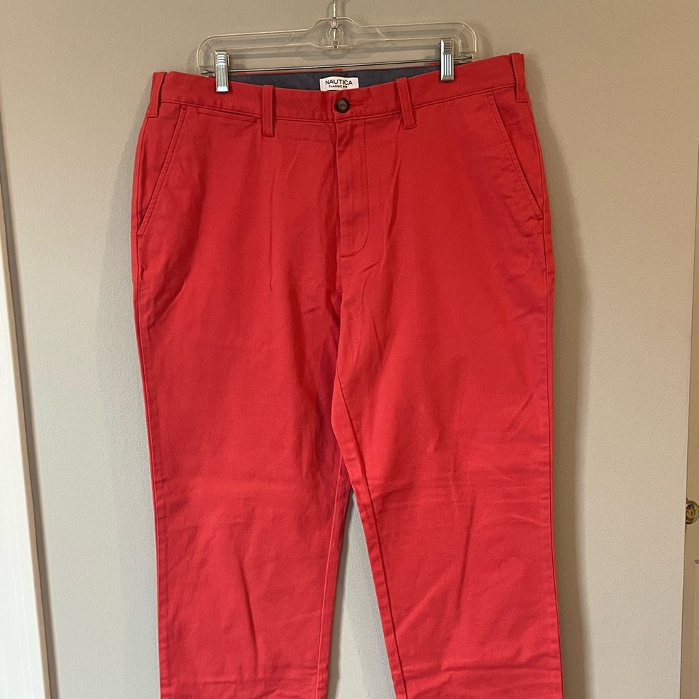 Nautica Chino Pants Mens 34x32 Red/Coral Straight Stretch Flex Preppy